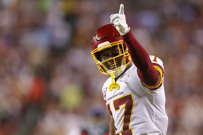 Terry McLaurin reacts on the field.