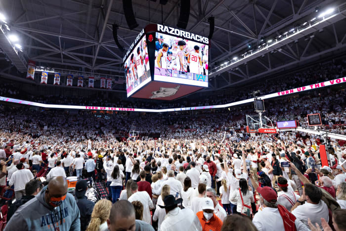 Arkansas fans storm court after upset win over No. 1 Auburn.