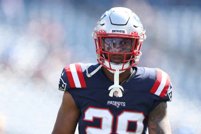 Close-up of Patriots running back James White before the team's game against the Saints.