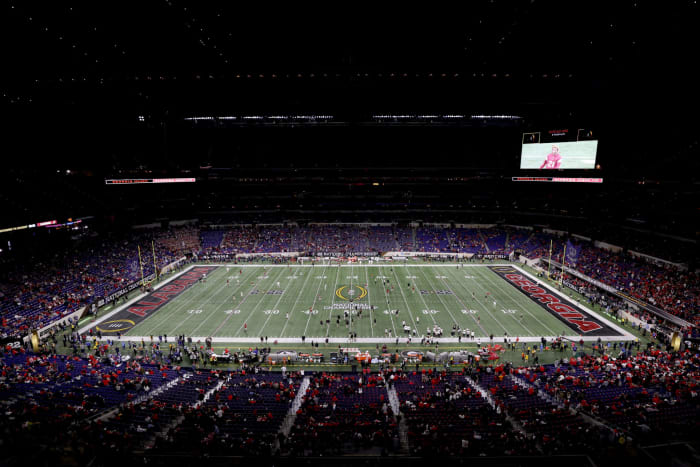 An overhead shot of the field at Luca Oil Stadium prior to the 2022 CFP National Championship between Georgia and Alabama.
