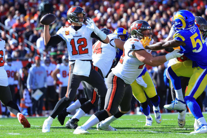 Buccaneers quarterback Tom Brady attempts a pass.