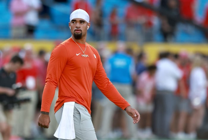 Clemson quarterback D.J. Uiagalelei warms up before a game.