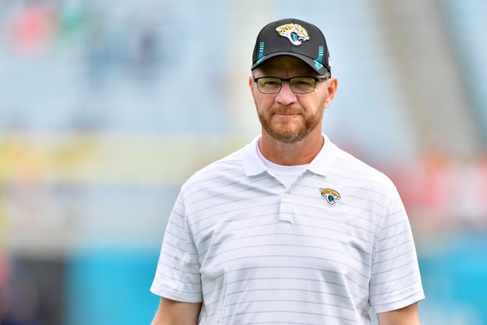 Jaguars interim head coach Darrell Bevell looks on