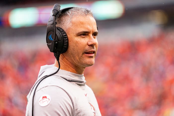 Florida State head coach Mike Norvell looks on.