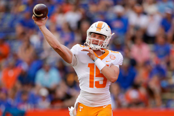 Tennessee quarterback Harrison Bailey throws a pass.