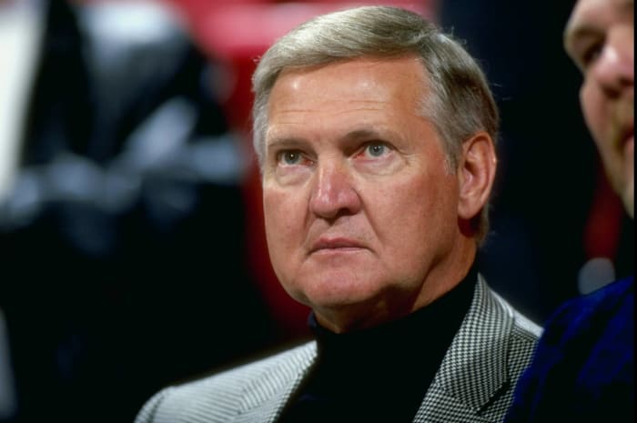 Jerry West on an NBA court.