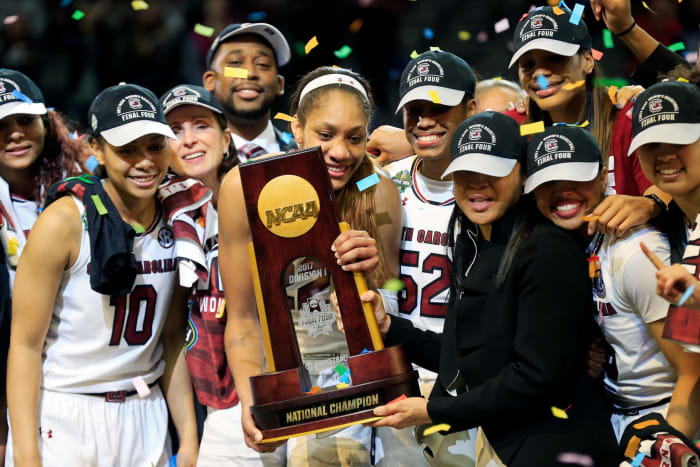 The South Carolina Gamecock's women's basketball team celebrating its national title win.