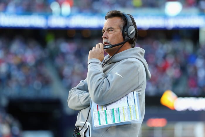 Jeff Fisher looking on as the Los Angeles Rams head coach.