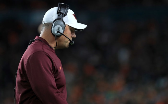 MIAMI GARDENS, FL - NOVEMBER 04: Head coach Justin Fuente of the Virginia Tech Hokies looks on during a game against the Miami Hurricanes at Hard Rock Stadium on November 4, 2017 in Miami Gardens, Florida. (Photo by Mike Ehrmann/Getty Images)