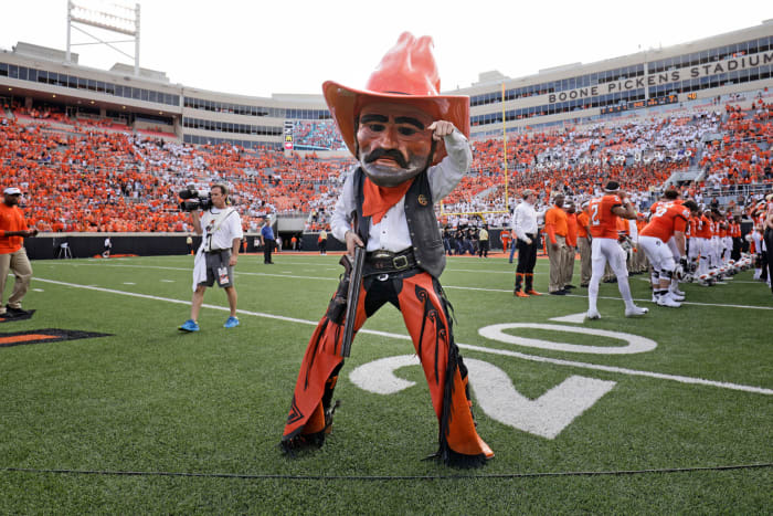 Oklahoma State's mascot on the football field.