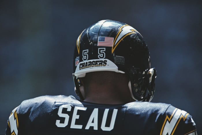A closeup photo of Junior Seau in his San Diego Chargers uniform.