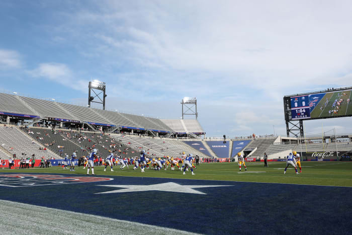 A low, wide-camera shot of a USFL game in Birmingham.
