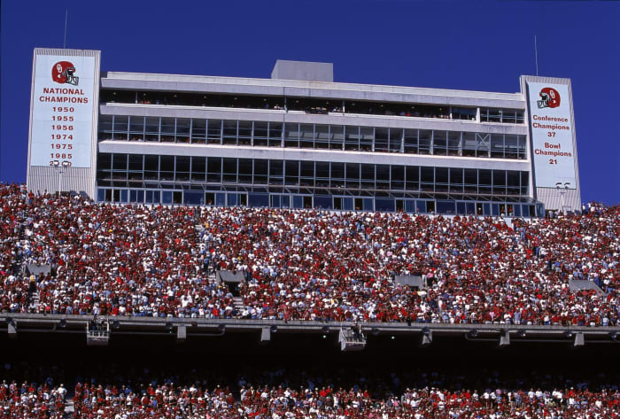 A view of the fans in Oklahoma's football stadium during a game.