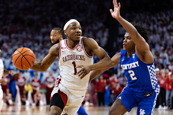 JD Notae drives with the ball.
