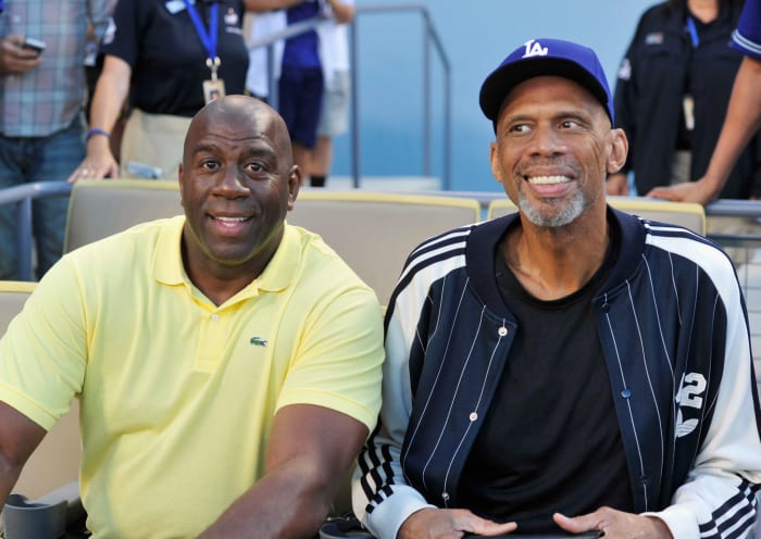 Magic Johnson And Kareem Abdul Jabbar Attend Los Angeles Dodgers Game.