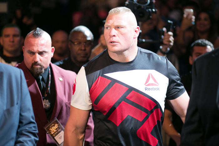 Brock Lesnar walking into the Octagon.