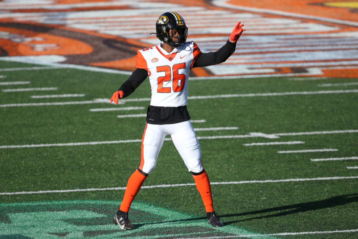 Akayleb Evans at the Senior Bowl.