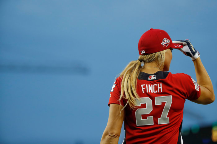 A picture of Jennie Finch wearing a softball jersey.
