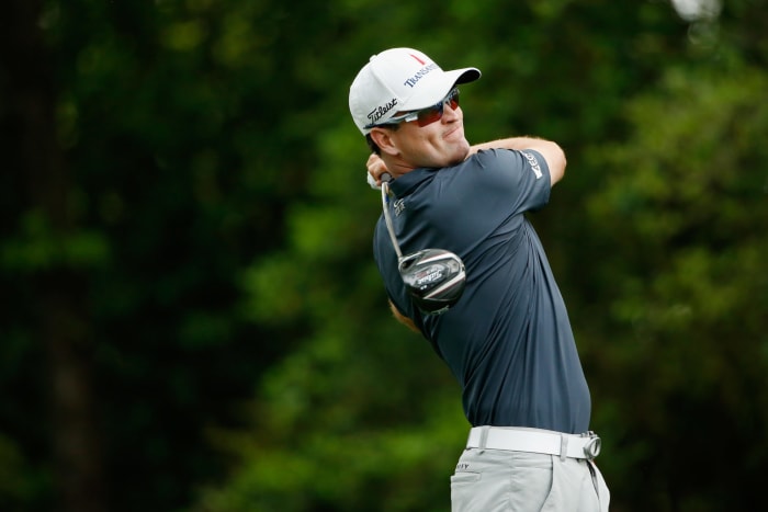 Zach Johnson hitting his tee shot at the Masters.