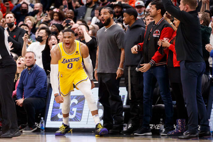 Russell Westbrook reacts on the floor.