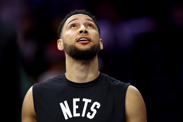 Ben Simmons looks on for the Nets.