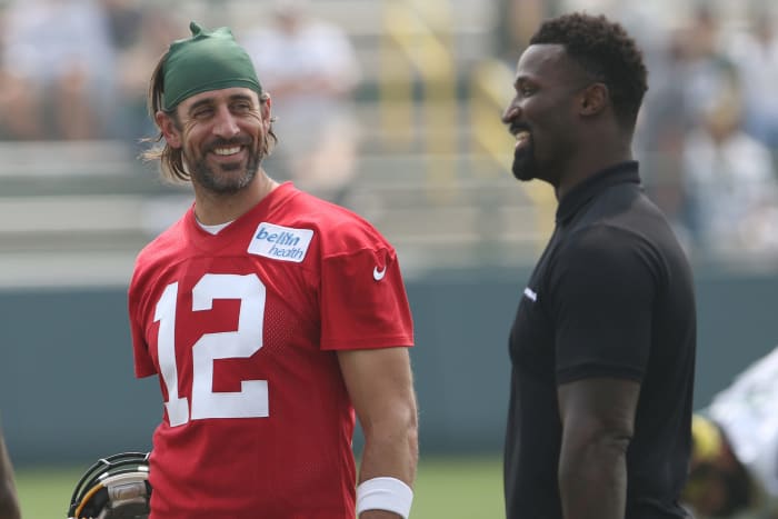 Aaron Rodgers at the practice field in Green Bay.