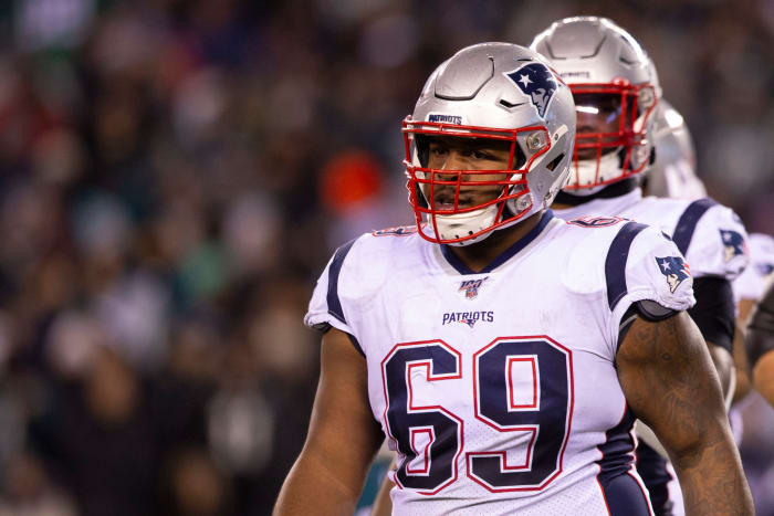 A closeup shot of New England Patriots offensive lineman Shaq Mason.