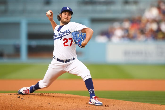 Trevor Bauer pitches during a San Francisco Giants v Los Angeles Dodgers game.