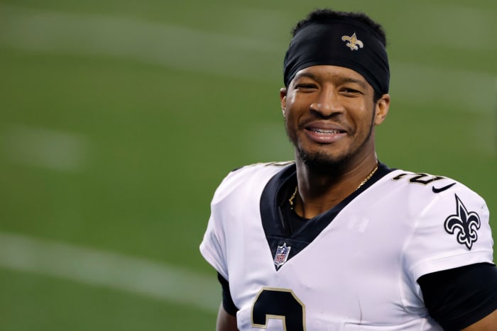 Jameis Winston on the sideline at Saints games.