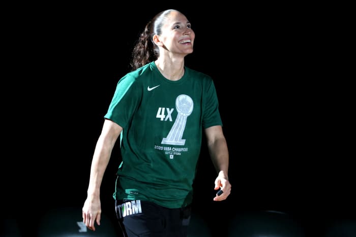 Sue Bird looks on for Seattle.