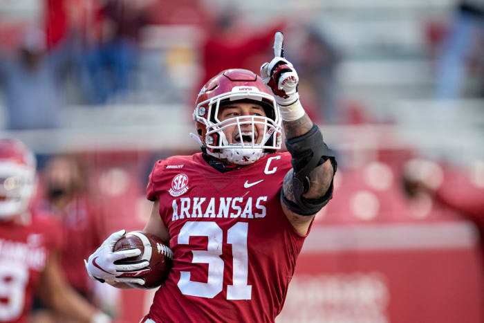 Grant Morgan of Arkansas celebrates.