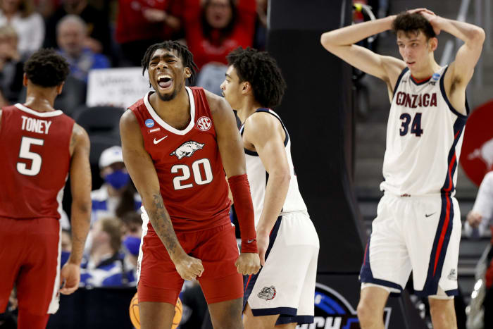 An Arkansas player celebrates a big play against Gonzaga.