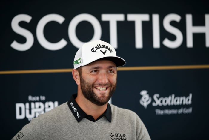 Jon Rahm speaks to the media.