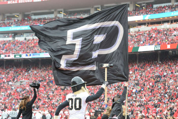 The Purdue flag waving ahead of the Nebraska game.