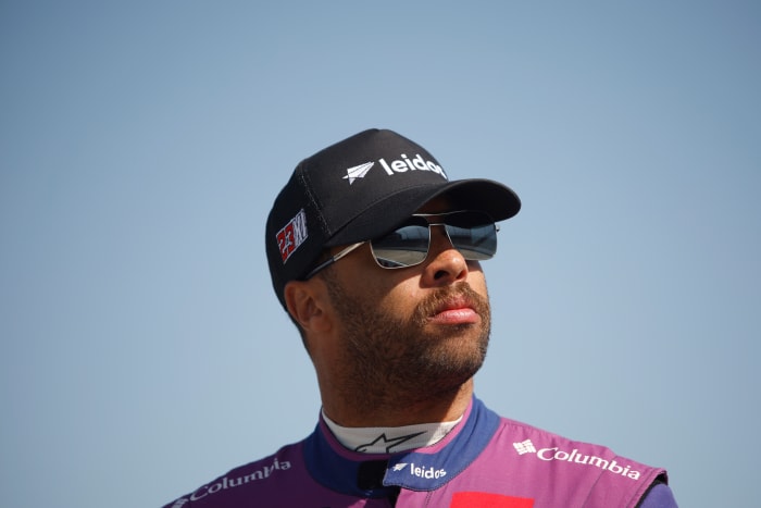 NASCAR 23XI Racing driver Bubba Wallace looks on the track before the race.