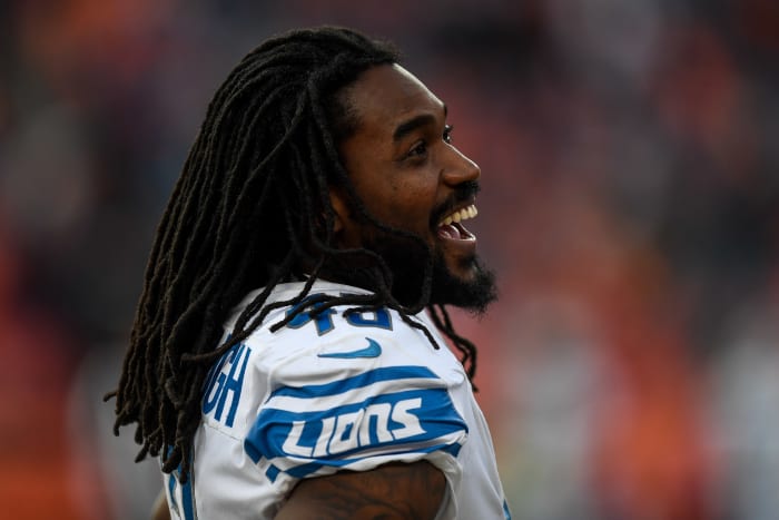 DENVER, CO - DECEMBER 22: A close-up head shot of a smiling Bo Scarbrough on the sideline with the Lions.