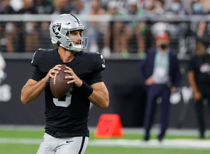 LAS VEGAS, NEVADA - AUGUST 14: Quarterback Nathan Peterman #3 of the Las Vegas Raiders looks to throw against the Seattle Seahawks during a preseason game at Allegiant Stadium on August 14, 2021 in Las Vegas, Nevada. The Raiders defeated the Seahawks 20-7. (Photo by Ethan Miller/Getty Images)