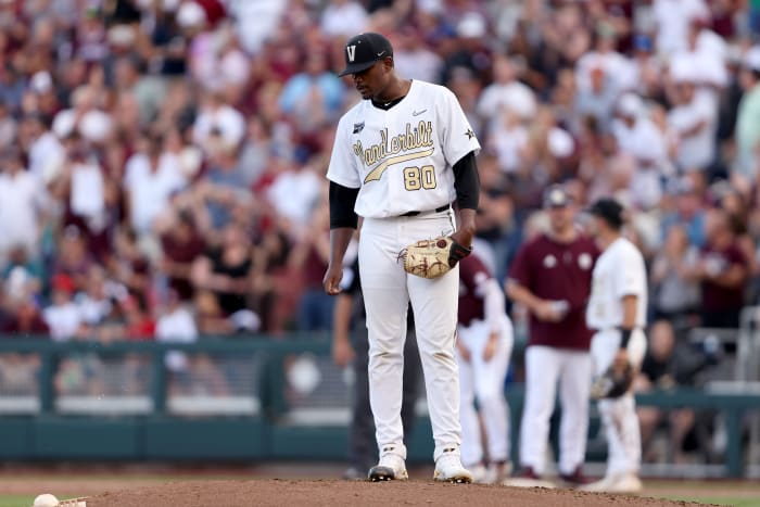 Kumar Rocker on the mound for the Vanderbilt baseball team.