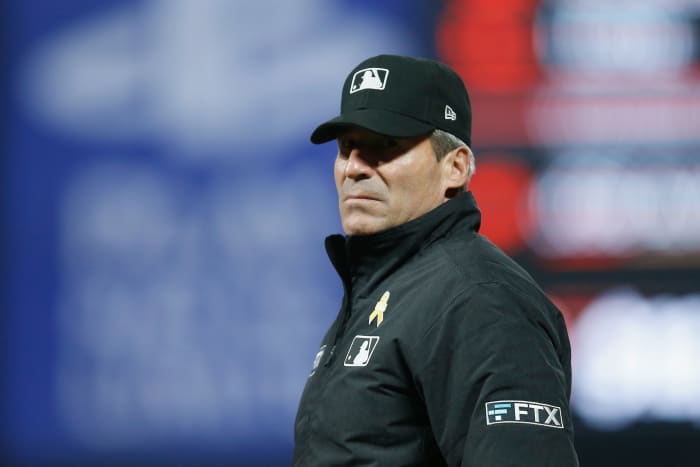 Longtime MLB umpire Angel Hernandez during a playoff game in Texas.