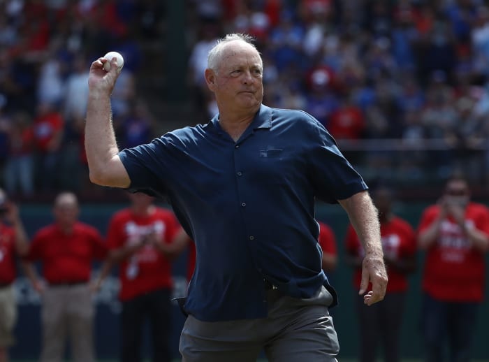 Nolan Ryan throws out the first pitch before a Texas Rangers game.