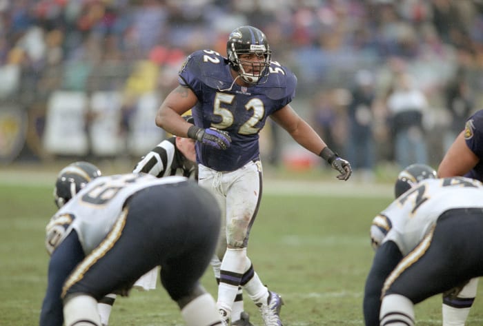 BALTIMORE, MD - DECEMBER 10: Ray Lewis #52 of the Baltimore Ravens in action against the San Diego Chargers during an NFL football game December 10, 2000 at PSINet Stadium in Baltimore, Maryland. Lewis played for the Ravens from 1996-2012. (Photo by Focus on Sport/Getty Images)
