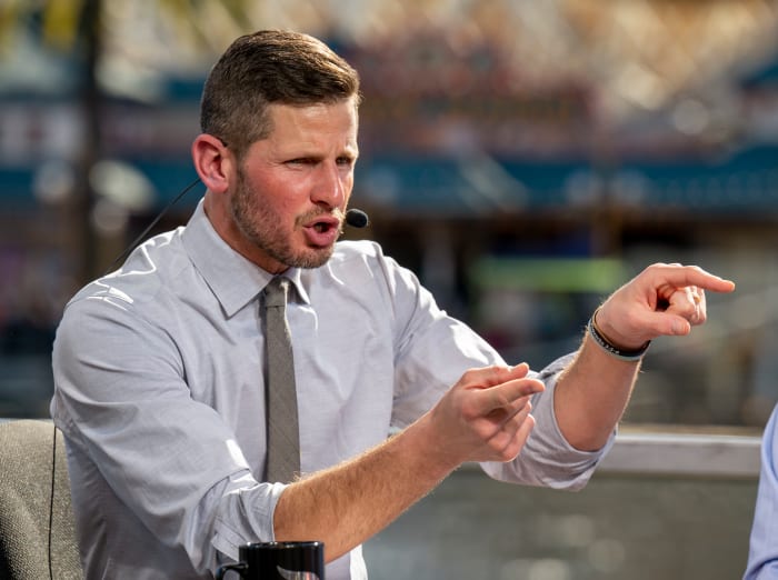 ANAHEIM, CA - FEBRUARY 10: ESPN host Dan Orlovsky makes a point during an ESPN Super Bowl preview show broadcast from Disney California Adventure in Anaheim on Thursday, February 10, 2022. Orlovsky was joined by co-hosts, Keyshawn Johnson, Laura Rutledge, Marcus Spears and Mina Kimes. (Photo by Leonard Ortiz/MediaNews Group/Orange County Register via Getty Images)