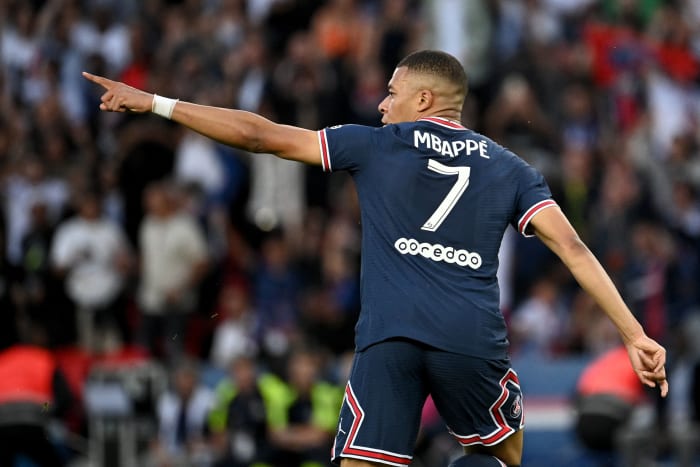 Kylian Mbappe celebrates a goal for Paris Saint-Germain.
