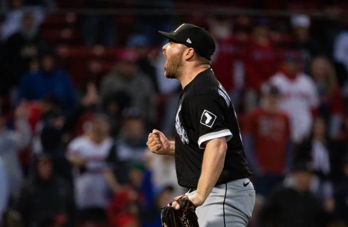 White Sox pitcher Liam Hendriks yells after closing out a game.
