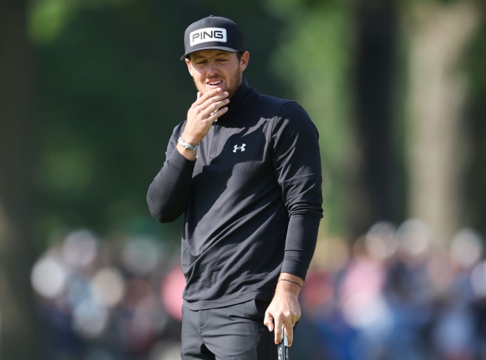 Mito Pereira reacts following a shot during the PGA Championship.