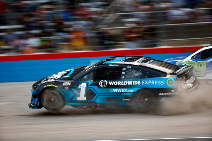 Ross Chastain spins after colliding with another driver on Sunday night.