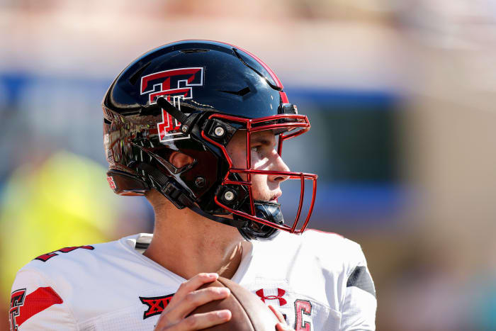 AUSTIN, TEXAS - SEPTEMBER 25: Tyler Shough #12 of the Texas Tech Red Raiders warms up before the game against the Texas Longhorns at Darrell K Royal-Texas Memorial Stadium on September 25, 2021 in Austin, Texas. (Photo by Tim Warner/Getty Images)
