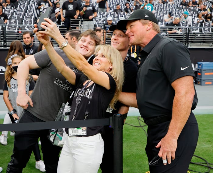 Jon Gruden and his family before a game with the Las Vegas Raiders last fall.