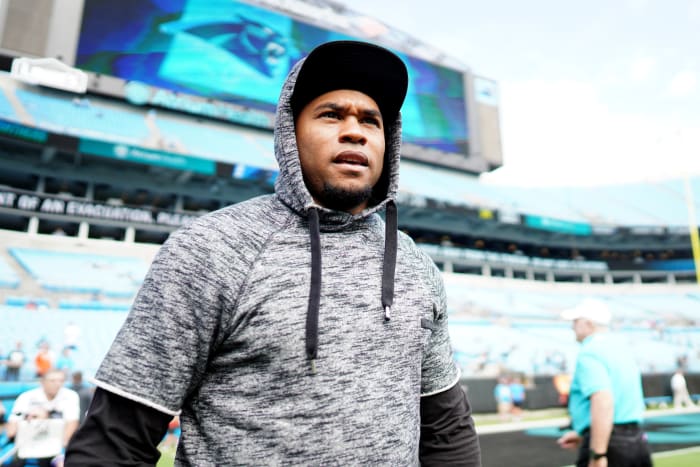CHARLOTTE, NORTH CAROLINA - OCTOBER 06: Former Carolina Panthers WR Steve Smith before the game against the Jacksonville Jaguars at Bank of America Stadium on October 06, 2019 in Charlotte, North Carolina. (Photo by Jacob Kupferman/Getty Images)