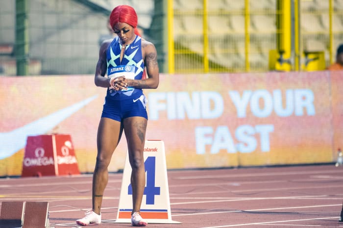 BRUSSELS, BELGIUM: September 3: Sha'Carri Richardson of the United States warming up before the 200m for women race during the Wanda Diamond League 2021 Memorial Van Damme Athletics competition at King Baudouin Stadium on September 3, 2021 in Brussels, Belgium. (Photo by Tim Clayton/Corbis via Getty Images)